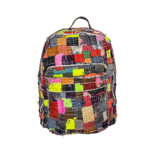 MULTI-COLOR DENIM PATCHWORK BOOKBAG