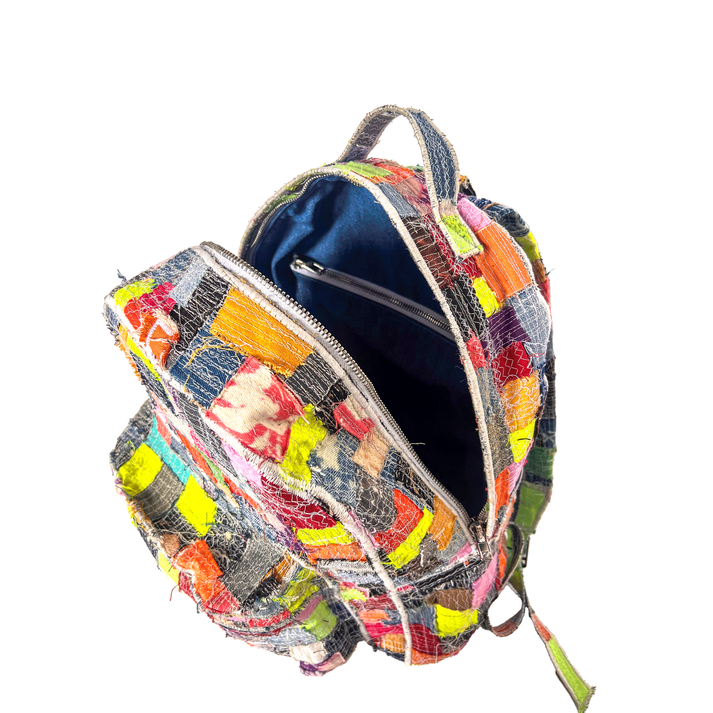 MULTI-COLOR DENIM PATCHWORK BOOKBAG