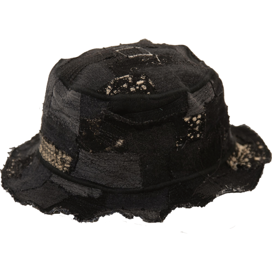 BLACK DENIM PATCHWORK BUCKET-HAT