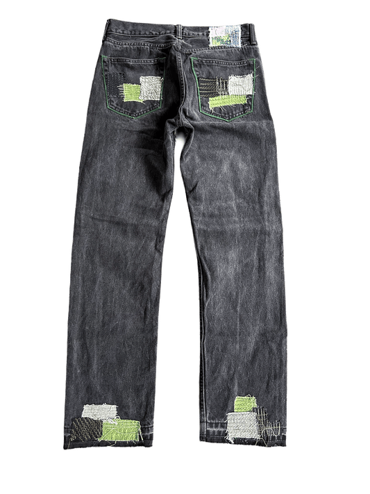 GREEN THIGH PATCHWORK DENIM