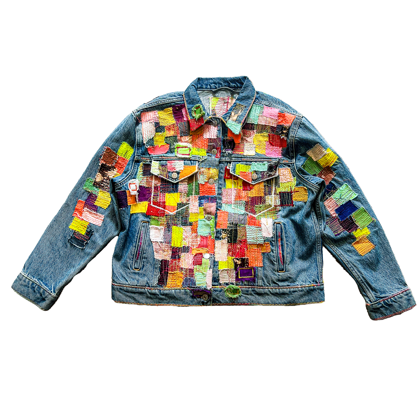 MULTI-COLOR TORSO  DENIM PATCHWORK TRUCKER JACKET