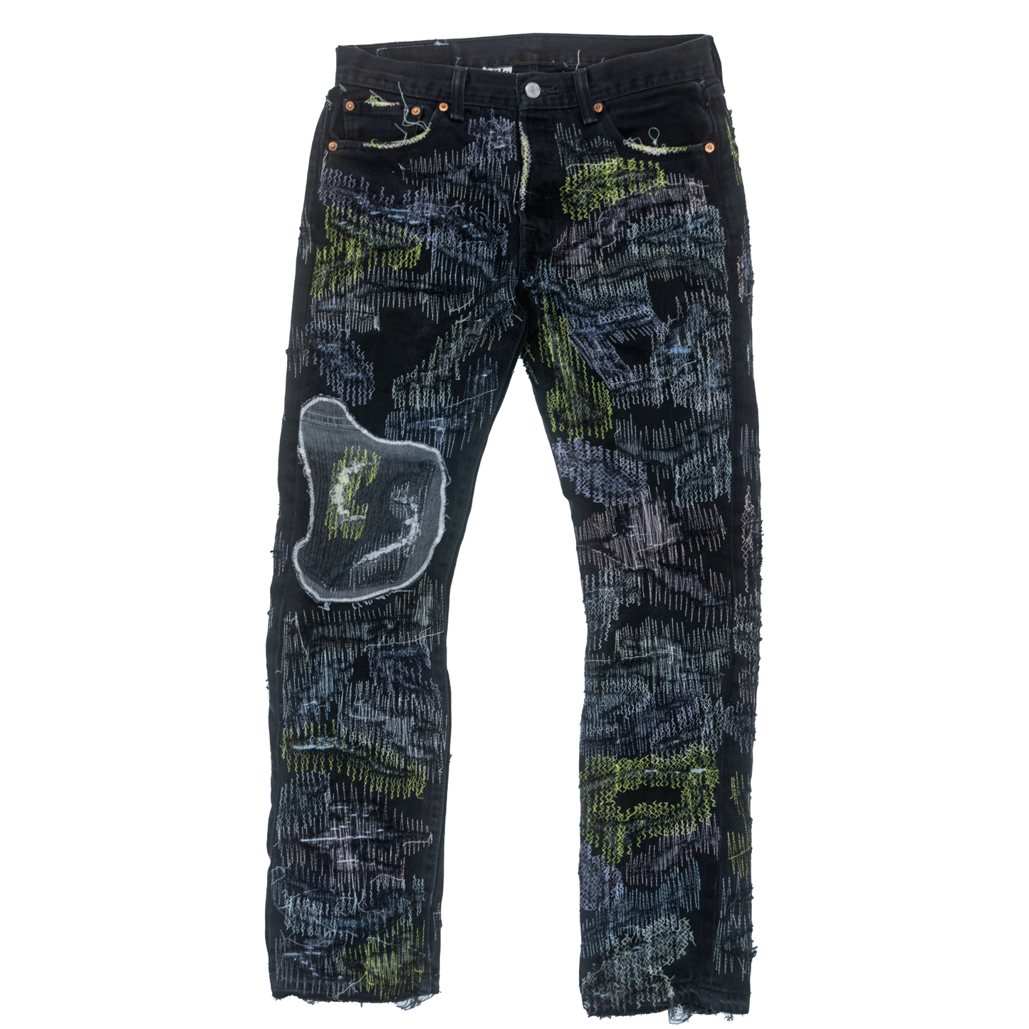 HALLOWEEN GLOW IN THE DARK TATTERED STITCHWORK DENIM