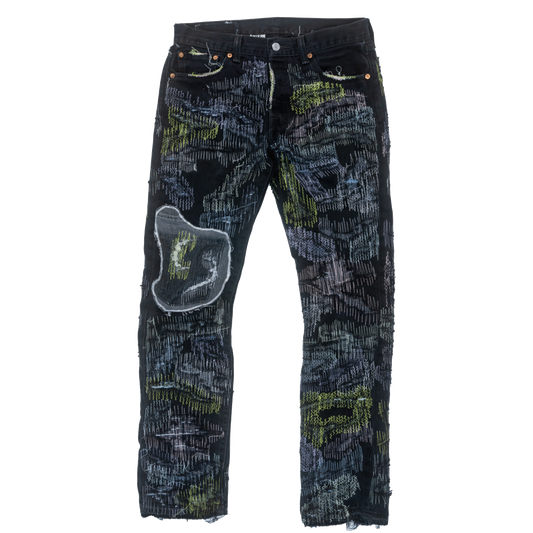 HALLOWEEN GLOW IN THE DARK TATTERED STITCHWORK DENIM