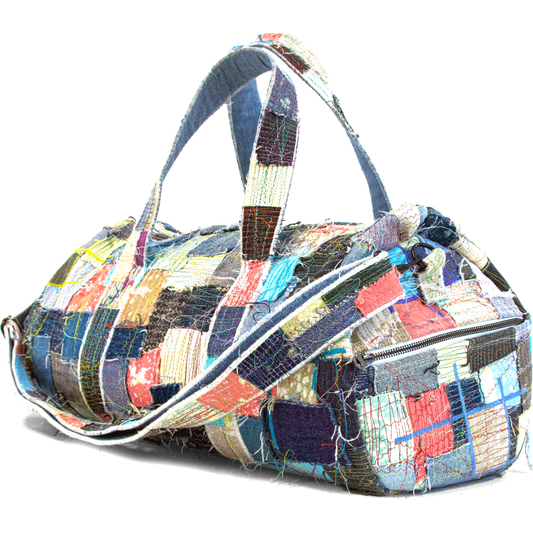 MULTI-COLOR DENIM PATCHWORK CYLINDER DUFFLE BAG