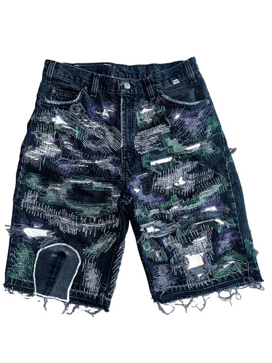 CRASH TATTERED DENIM SHORT ( BLACK )