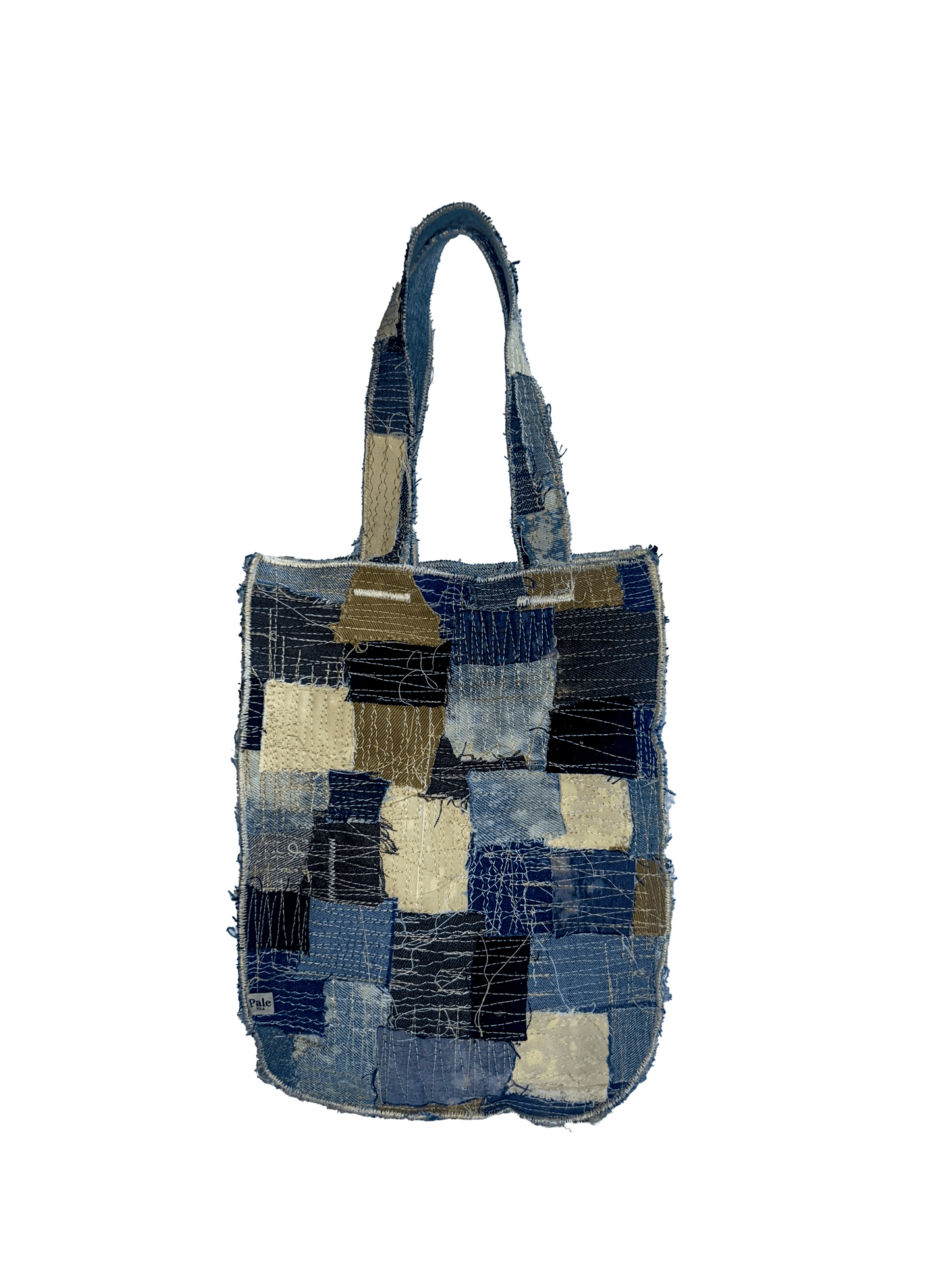 TAN & WHITE "GARMENT DISTRICT" PATCHWORK TOTE BAG