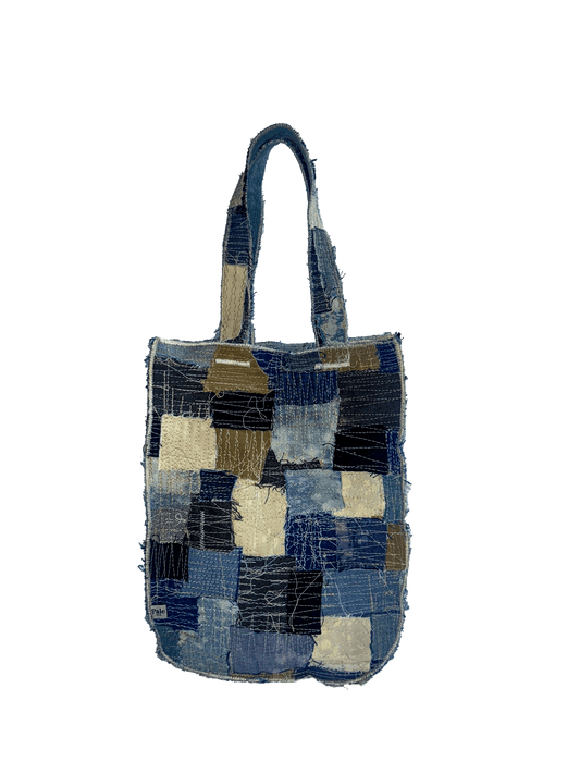 TAN & WHITE "GARMENT DISTRICT" PATCHWORK TOTE BAG