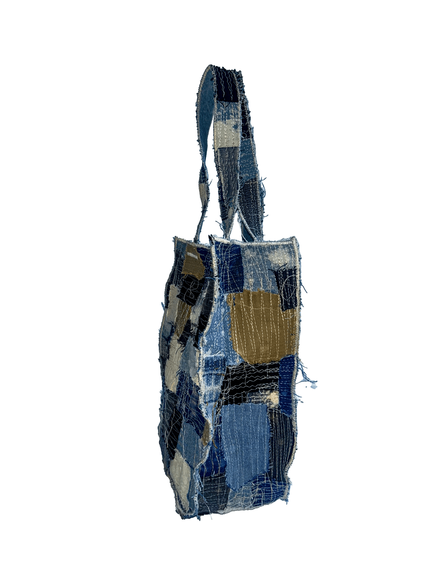 TAN & WHITE "GARMENT DISTRICT" PATCHWORK TOTE BAG