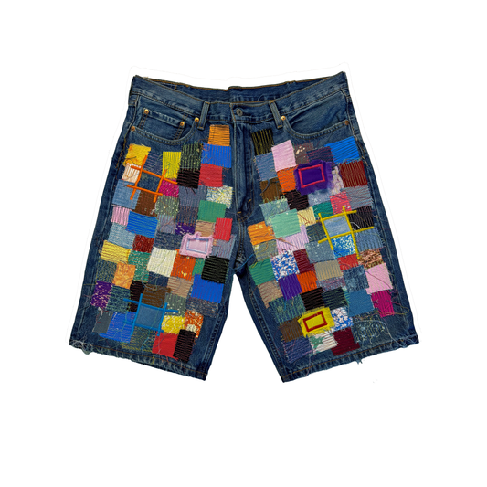 THIGH PATCHWORK DENIM SHORTS