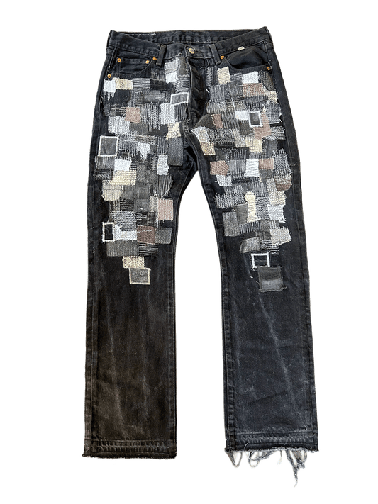 BLACK THIGH PATCHWORK DENIM