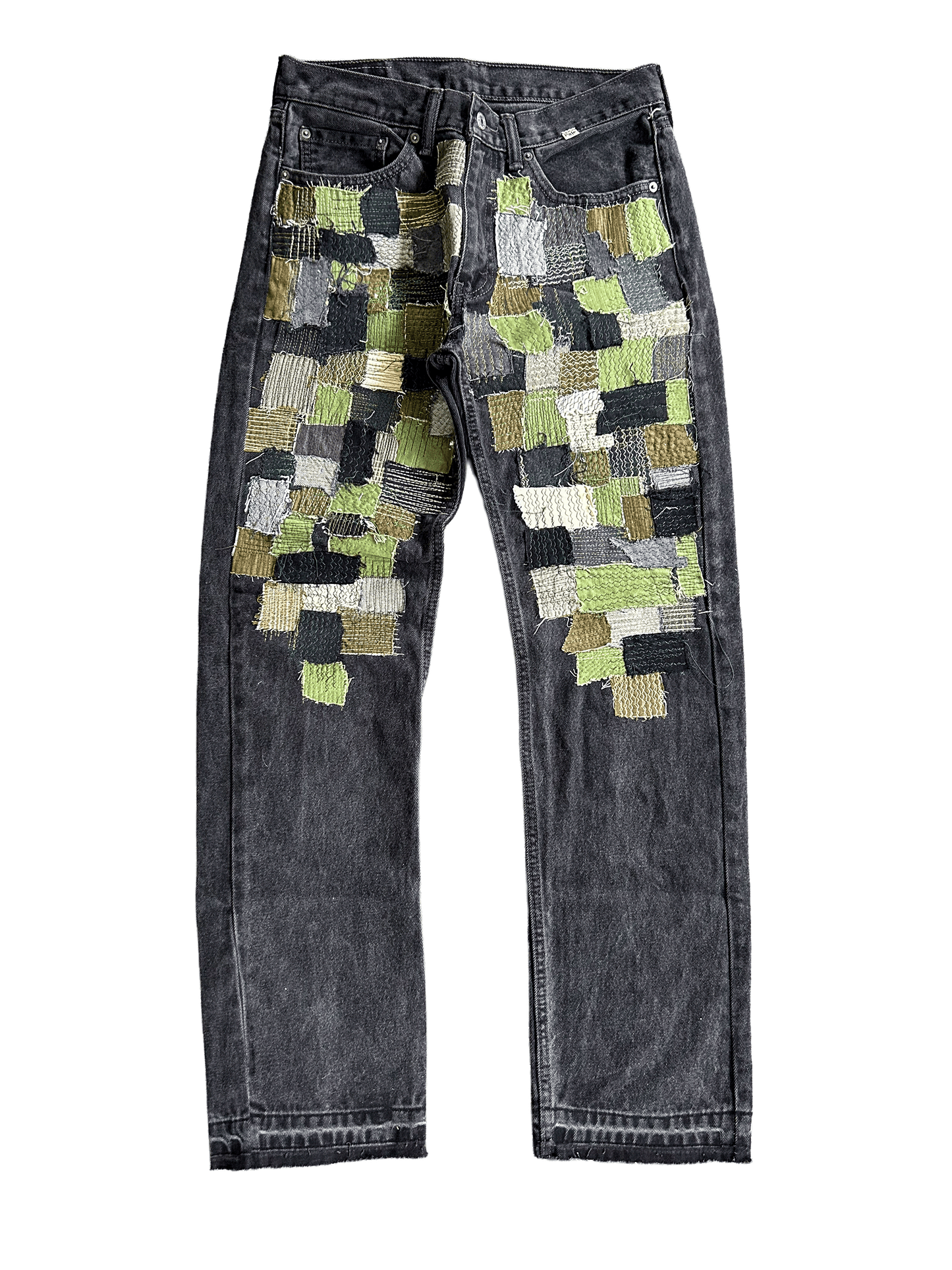 GREEN THIGH PATCHWORK DENIM
