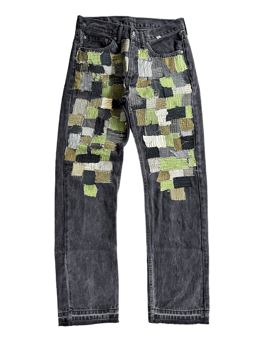 GREEN THIGH PATCHWORK DENIM