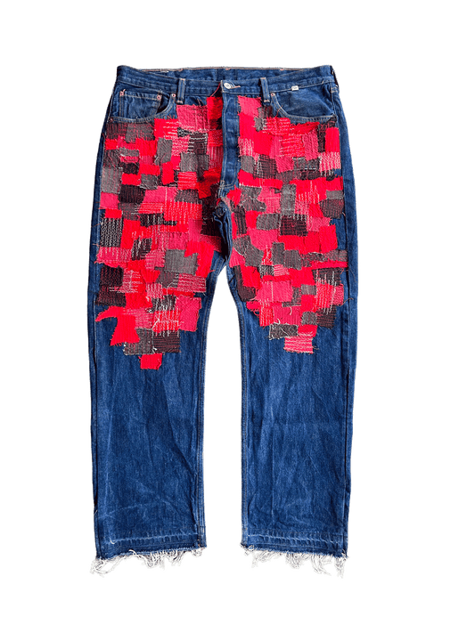 RED THIGH PATCHWORK DENIM