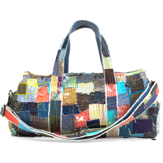 MULTI-COLOR DENIM PATCHWORK CYLINDER DUFFLE BAG
