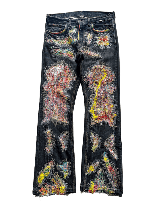 PANELED THREADWORK FLARED DENIM