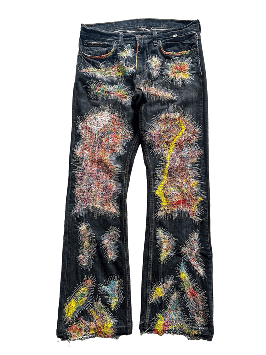 PANELED THREADWORK FLARED DENIM